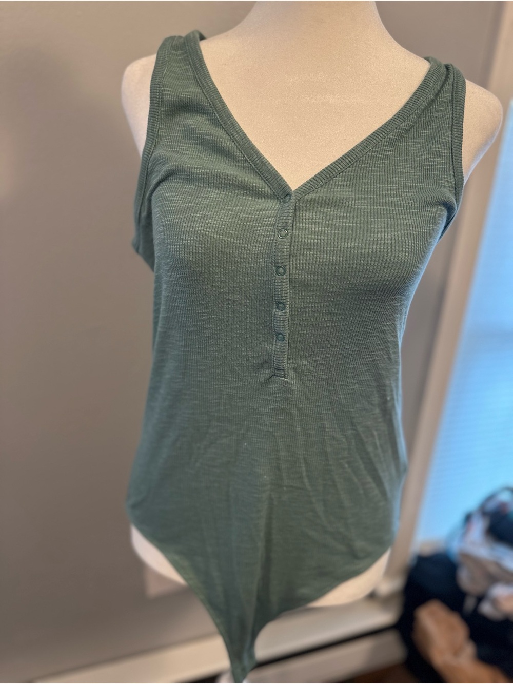 GAP Sleeveless Ribbed V-Neck Button-Front Bodysuit - Sage Green